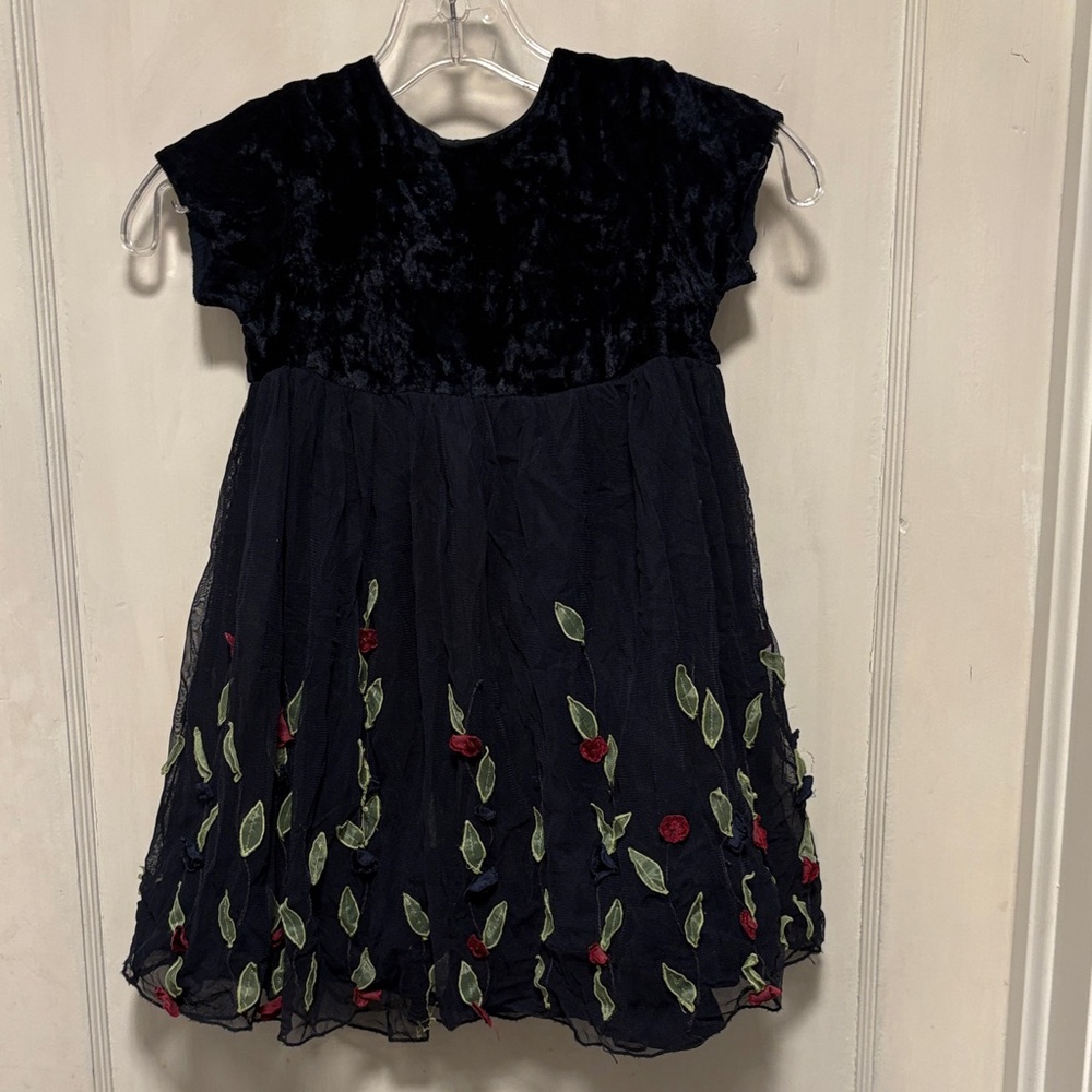 Couture Italian Brand Lesy by Lisetta Cosi Blue Velvet & Floral Leaf Dress T4
